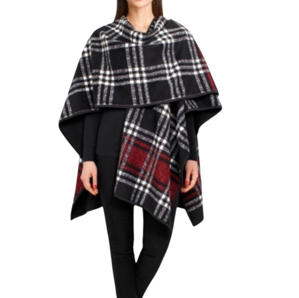 Ike Behar Black Red Plaid Poncho